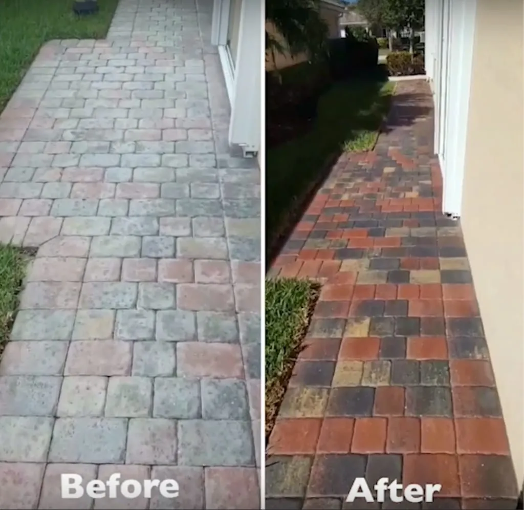 Before and after paver cleaning showing dramatic color restoration in Mundelein, IL